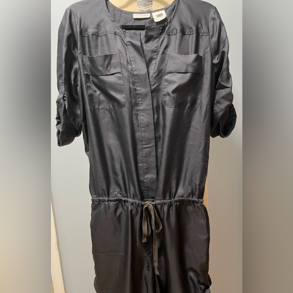 Button Down Drawstring Dull Satin Romper - image 1